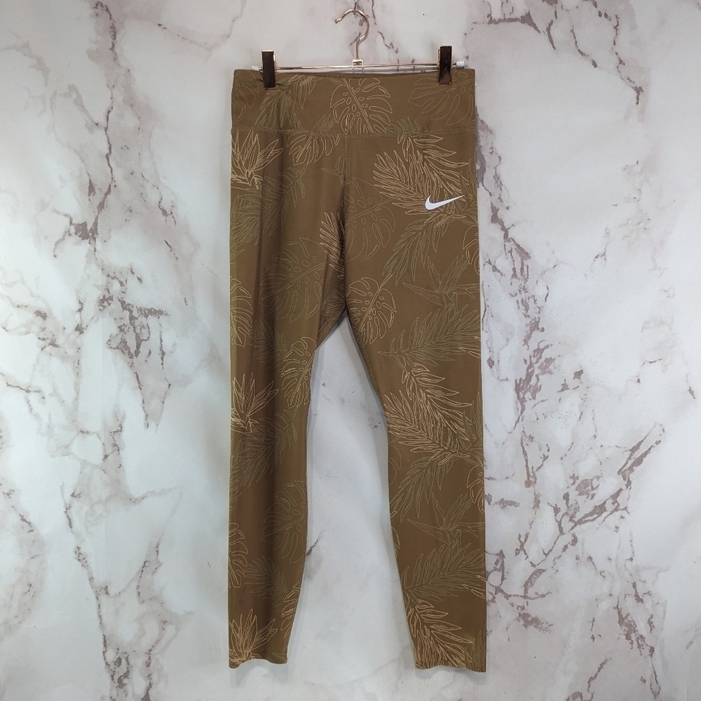 Nike Leggings Womens Medium Tan One Luxe Mid Rise Monstera Leaf Dark Driftwood